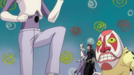 Renji, Pesche and Dondochakka realize that Pesche's clones are wearing trousers instead of a loincloth.