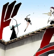 Nemu leaps onto the roof between Mayuri and Uryū.