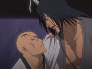 Kenpachi berates Ikkaku for wanting to die after losing.