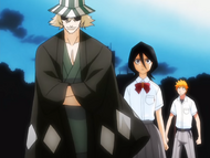 Urahara stops Rukia from intervening.