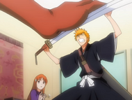 Ichigo stops Acidwire's blow.