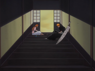 Orihime and Ichigo return to Kūkaku's house.