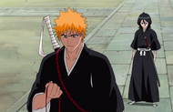 Rukia watches as Ichigo picks up Senna's ribbon.