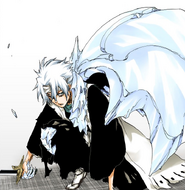 Hitsugaya recovering from Bazz-B's attack, with his Bankai back in control