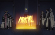 Unohana and the other captains look at a hologram of the Valley of Screams.