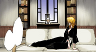 Rangiku wakes up in Hitsugaya's office.