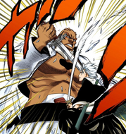 Yammy defends himself from Tōshirō Hitsugaya's attack.