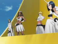 Apacci, Tier Harribel, and the other Fracción watch Ichigo Kurosaki and Grimmjow Jaegerjaquez battle.