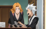 Rangiku questions Hitsugaya about the 3rd Division's new captain.