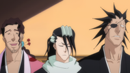 Yamamoto berates Shunsui, Byakuya and Kenpachi for losing their captain's haori.