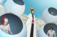 Senjumaru Shutara collects Renji, Rukia, Byakuya, and the broken Tensa Zangetsu.