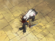 Yachiru stands over a unconscious Kenpachi and Ichigo.