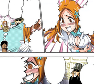 Orihime panics over Ichigo's thoughts about her revealing dress.