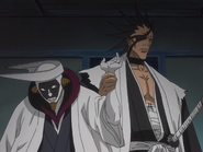 Kenpachi stops Mayuri from injuring Ikkaku.