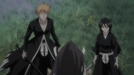 Senbonzakura appears in front of Ichigo and Rukia.