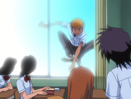 Orihime and Tatsuki see Kon leap to the window of their classroom.