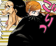 Orihime bites Aramaki in an attempt to make him let go of her.