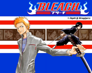 The color spread title page of chapter 1, featuring Ichigo, Rukia, and several Humans, as well as an early concept of Shinji Hirako.