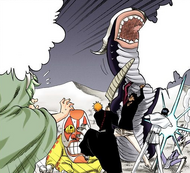 Ichigo, Yasutora Sado, and Uryū Ishida pin down Pesche, Dondochakka, and Bawabawa.