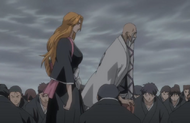 Rangiku and Genryūsai Shigekuni Yamamoto approach.