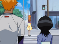 Ichigo and Rukia watch as Orihime leaves.