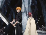 Ichigo and Renji are surrounded by dozens of Hollows.