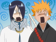 Ichigo and Uryū are shocked by Kūkaku Shiba's house.