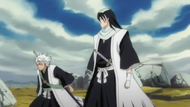 Hitsugaya and Byakuya arrive on the scene as Amagai goes to stab Yamamoto.