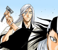 Ukitake grabs Byakuya Kuchiki's arm before he can attack Hanatarō Yamada.