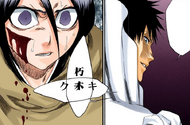 Aaroniero praises Rukia's skill with two voices after she barely evades his surprise attack.