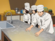 Hanatarō, Rin, and Heita enter the Urahara Shop's kitchen.