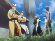 Koganehiko and Shiroganehiko confront Ichigo Kurosaki, Yoruichi Shihōin, Uryū Ishida, Orihime Inoue and Yasutora Sado as they approach Kūkaku Shiba's house.