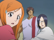 Sado, Orihime, and Uryū sense Ichigo's intense Reiatsu.