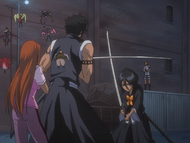 Orihime and Hisagi face off against Mabashi and Rukia.