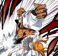 Yammy backhands Orihime when she tries to intervene.