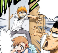 Ichigo angrily shoos Yuzu and Isshin away from the door.