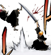 Ichigo slashes at Renji, sending him flying back.