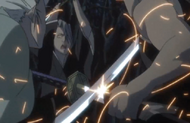 Shūhei Hisagi blocks Tōshirō Hitsugaya's attack as Izuru moves to attack.