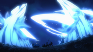 Ichigo uses Getsuga Tenshō while Rukia Kuchiki uses Sōkatsui beside him.