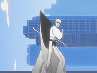 Zangetsu throws Zangetsu at Ichigo Kurosaki to initiate Deadly Darts.