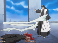 Byakuya throws his scarf onto a defeated Renji as a sign of respect.