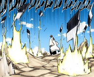 The broken segments of Zabimaru rise into the air around Aizen as Renji initiates Higa Zekkō.