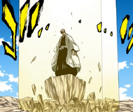 Aizen rises into the air on a chunk of rock.