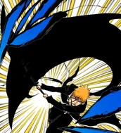 Ichigo attacks with the Getsuga Tenshō still in his blade.