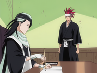 Renji asks Byakuya to not attend the lieutenants meeting in his stead.