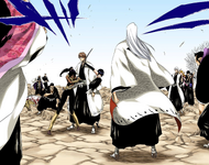 Hisagi and several other captains and lieutenants surround Sōsuke Aizen, Gin Ichimaru, and Kaname Tōsen.