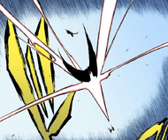 Ichigo's Getsuga Tenshō clashes with Grimmjow's Cero.