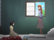 Rukia and Orihime discuss Ichigo's training.