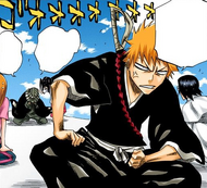 Orihime watches as Ichigo sits angrily after elbowing Urahara in the face.