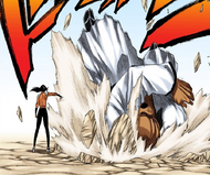 Yoruichi slams Yammy Llargo headfirst into the ground.